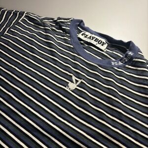 Playboy by Pacsun Striped‎ T-Shirt Silver Bunny Embroidered Logo